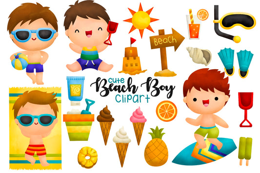 Boy on Beach Clipart - Cute Kids Clip Art Watercolor