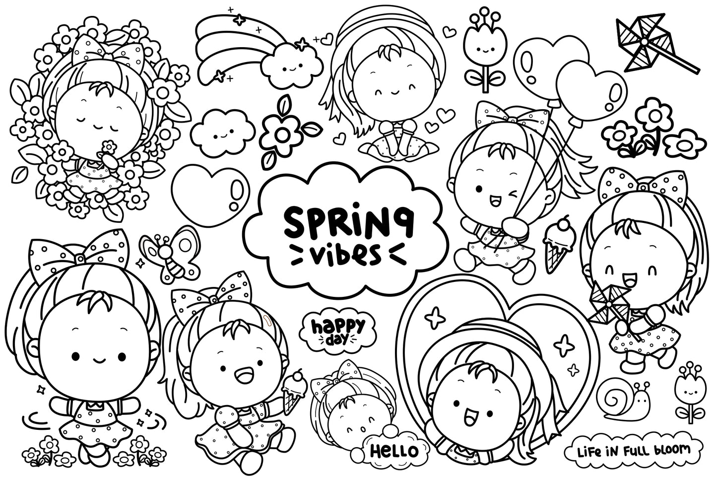 Spring Vibe Clipart - Cute Girl Coloring
