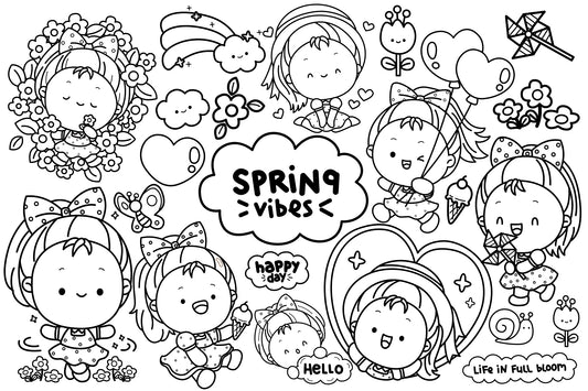 Spring Vibe Clipart - Cute Girl Coloring