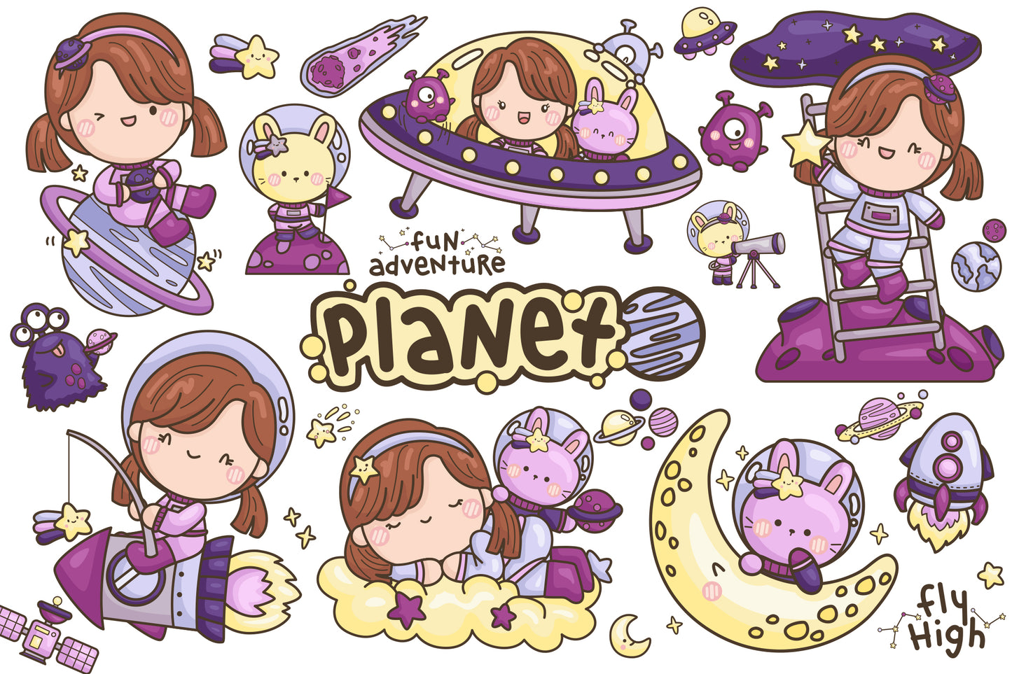 Astronauts Girl Galaxy and Space Clipart