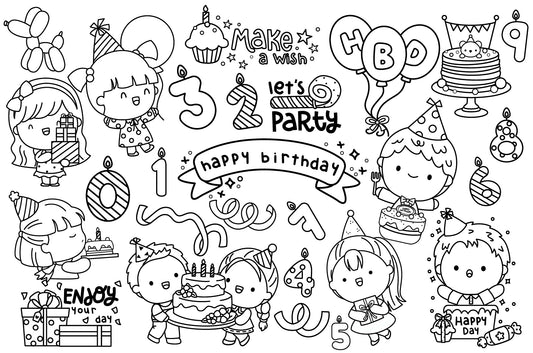 Birthday Party Clipart - Kids Celebration Party Coloring