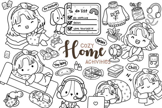 Cozy Home Activities Clipart - Cute Girl Clip Art Coloring