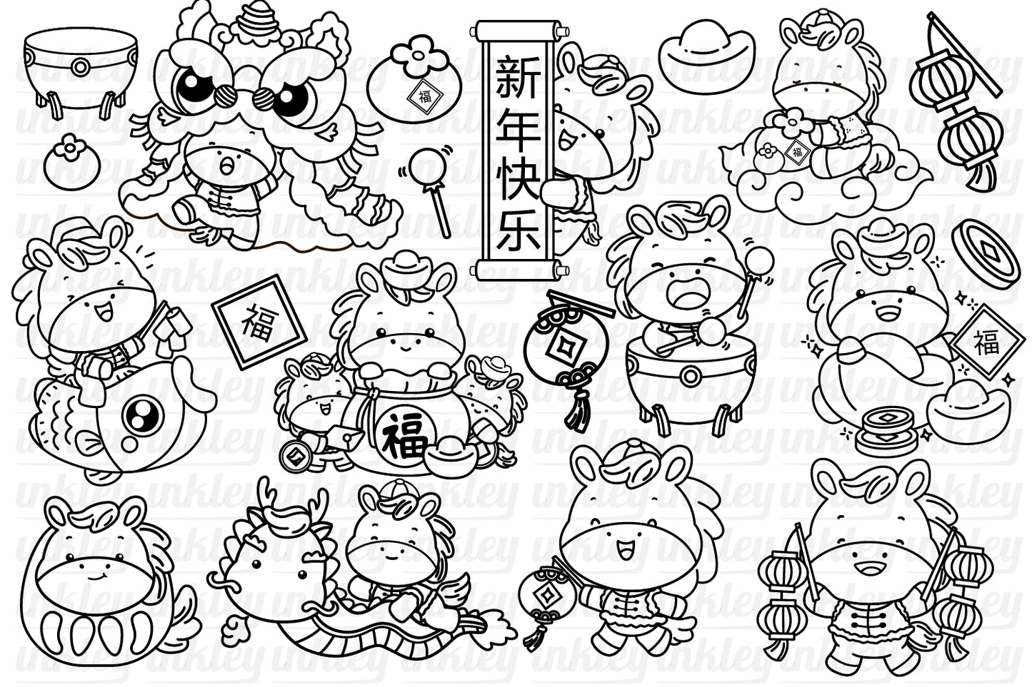 Year of the Horse Chinese New Year Clipart Coloring