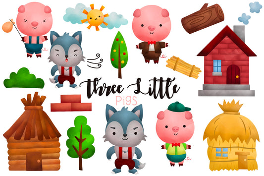 Doodle Three Little Pigs Clipart - Storytime Watercolor