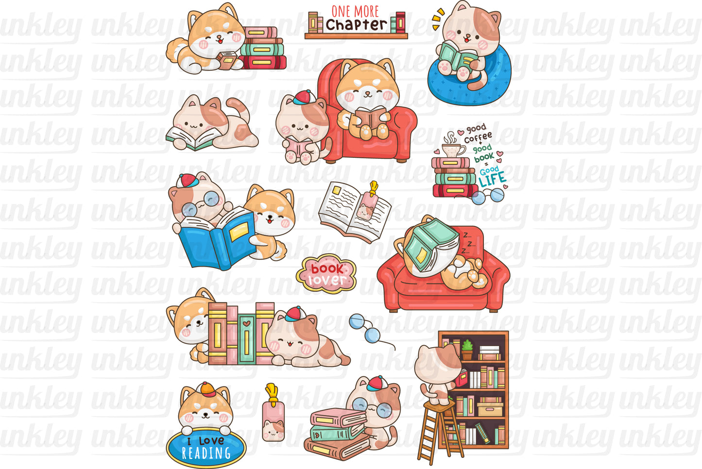 Dog and Cat Reading Clipart - Animal Bookworm Clip Art