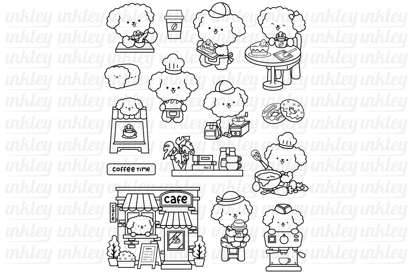 Dog and Cafe Clipart - White Poodles Clip Art Coloring