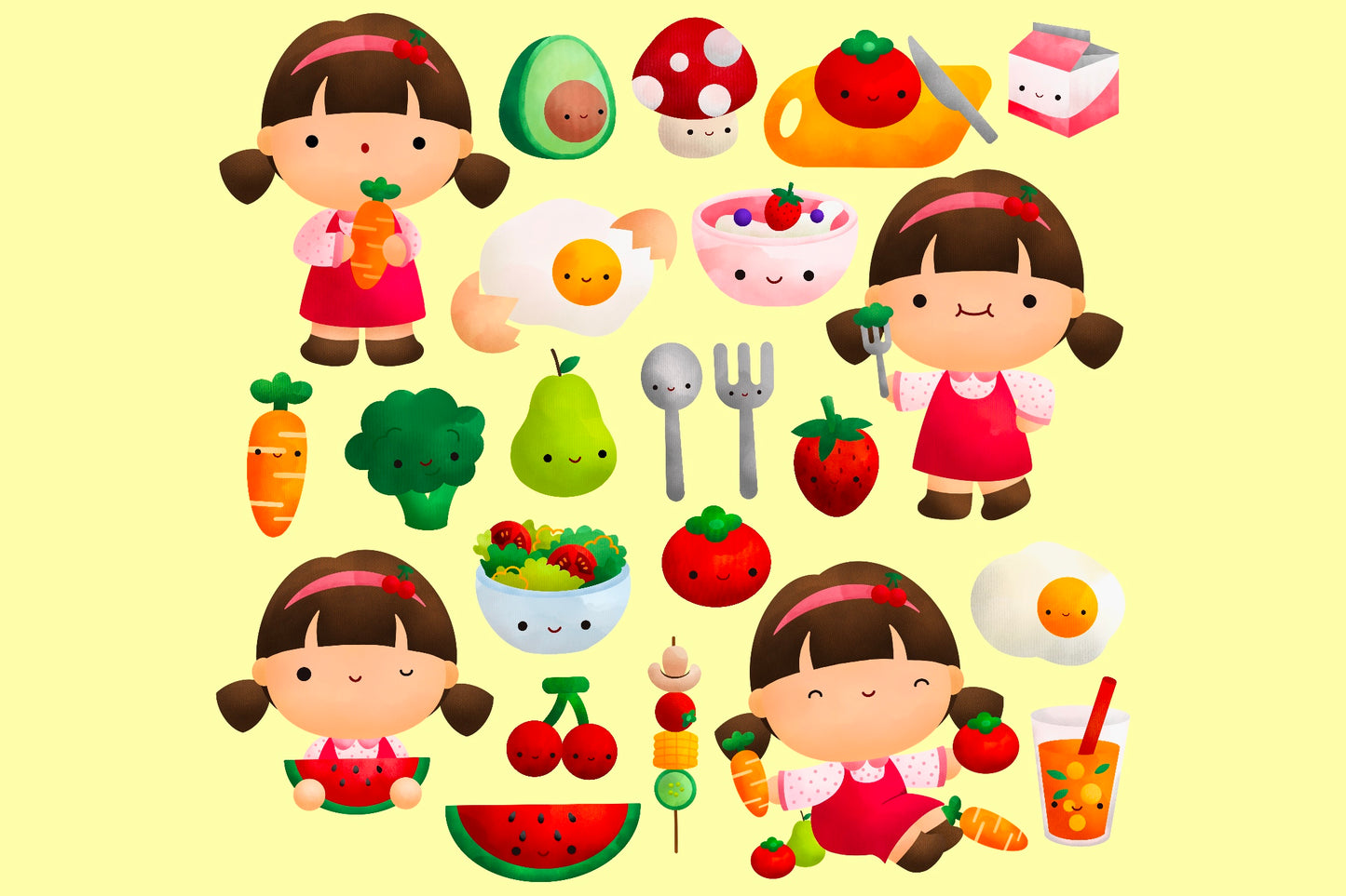 Watercolor Kids Eating Healthy Food Clipart