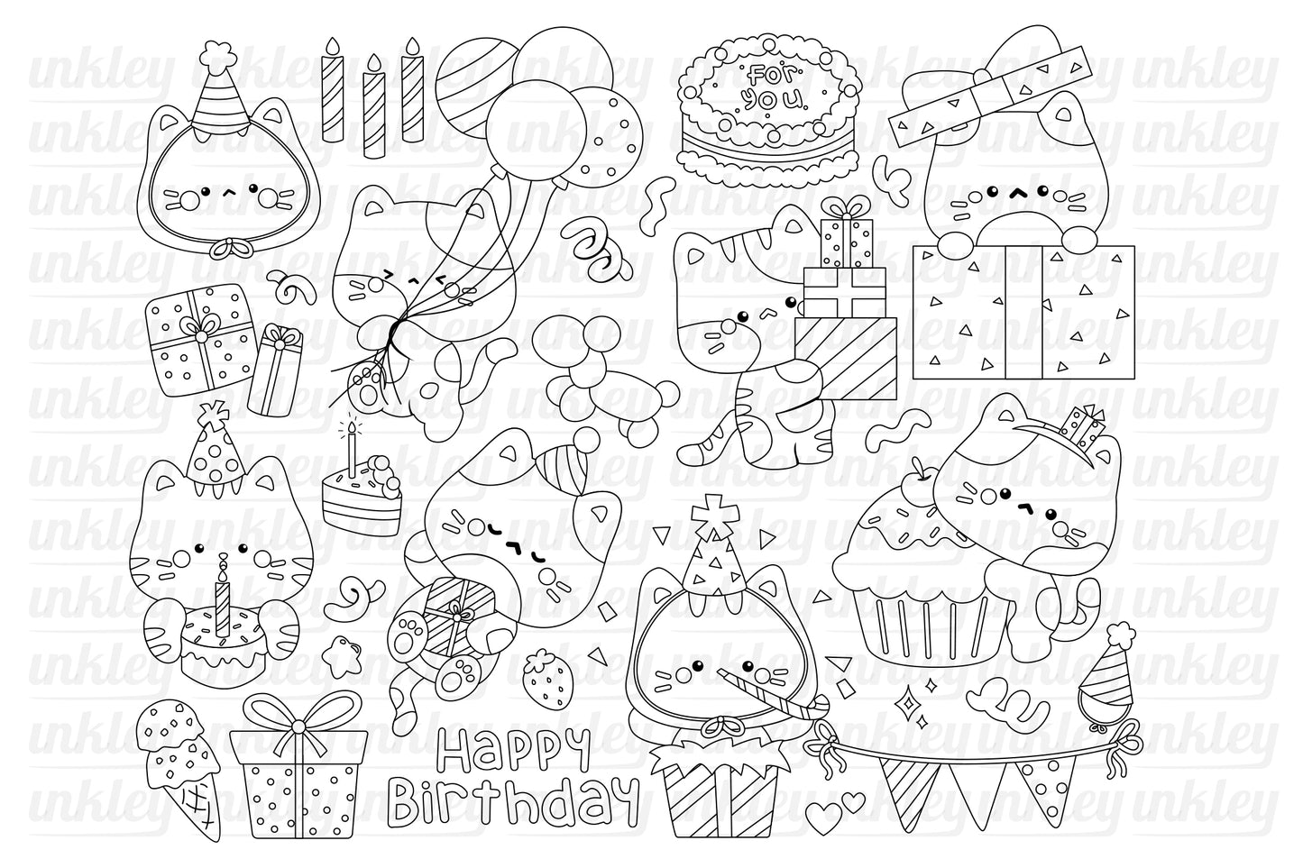 Birthday Cat Clipart - Birthday Party Clip Art Coloring