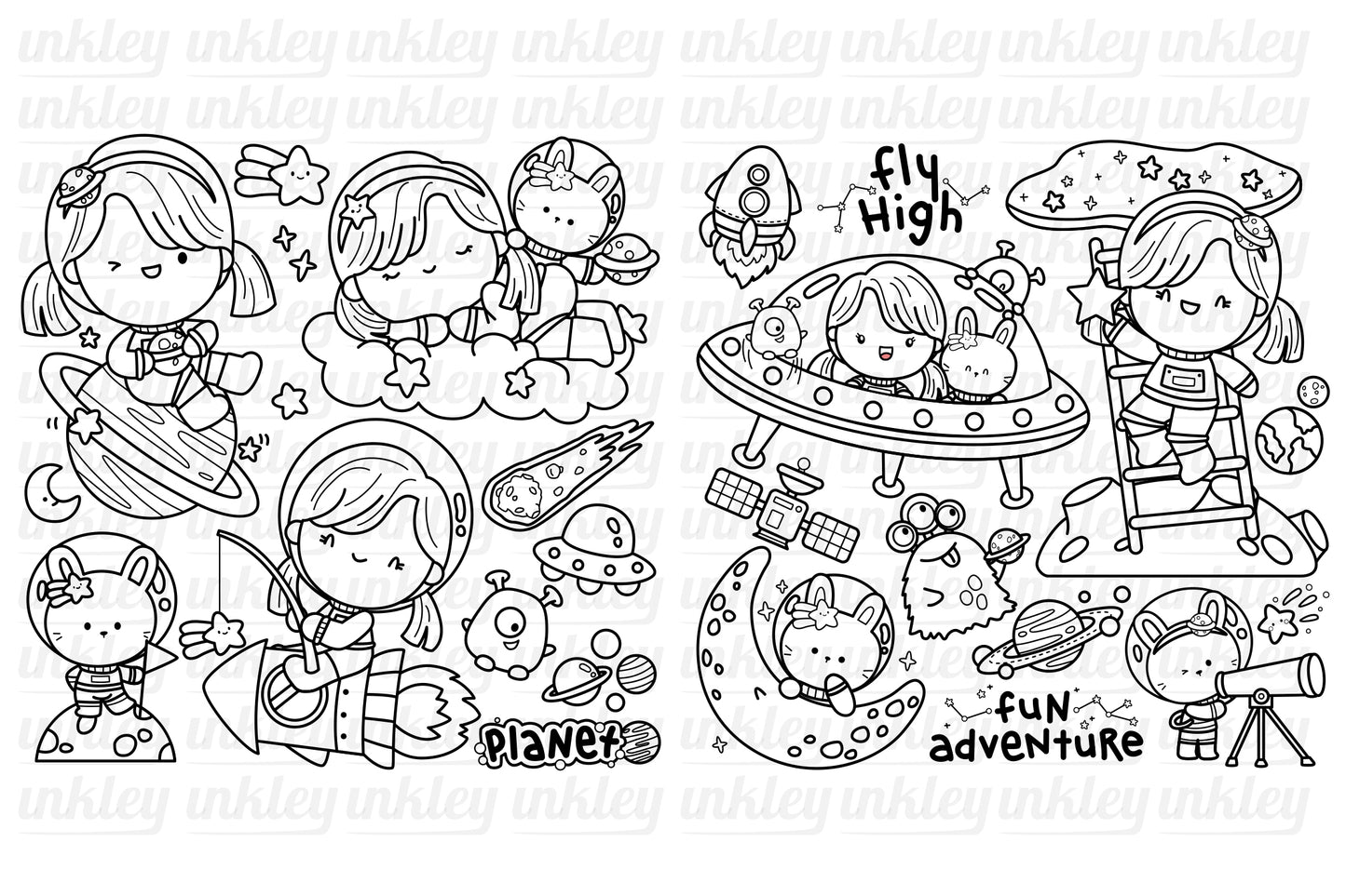 Astronauts Girl Galaxy and Space Clipart Coloring