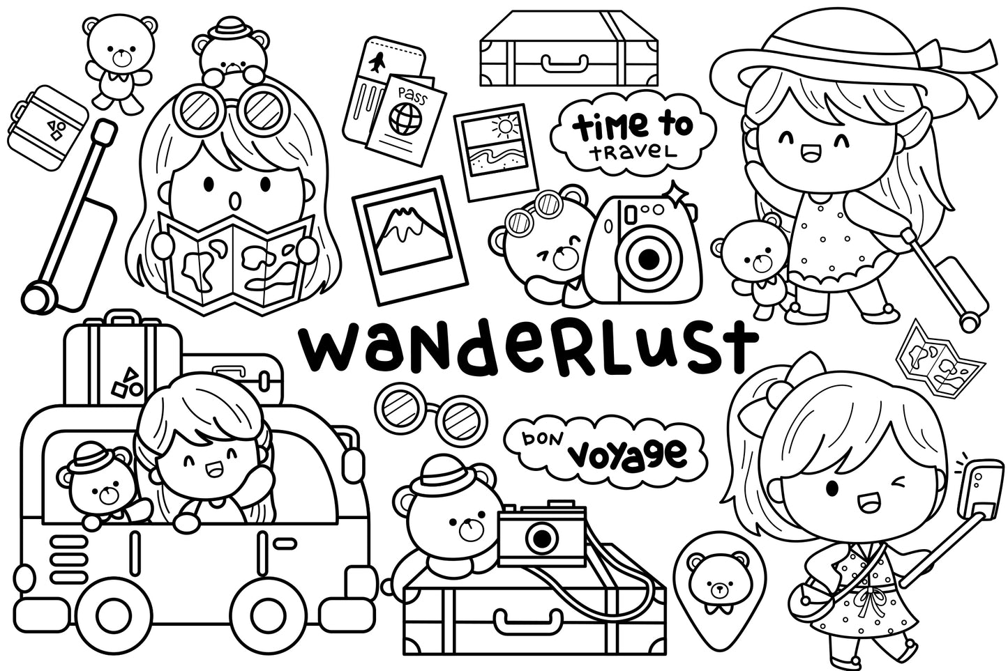Girl and Travel Clipart - Travelling Equipment Coloring