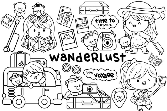 Girl and Travel Clipart - Travelling Equipment Coloring