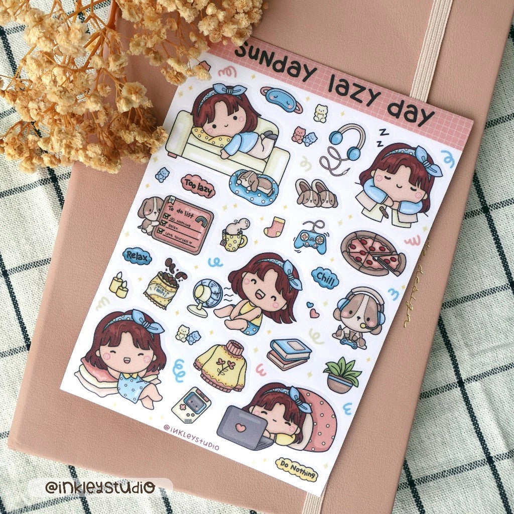 Sunday Lazy Day Sticker Sheet  | Waterproof  | Aesthetic Sticker | Sticker Sheet Pack | Planner Sticker