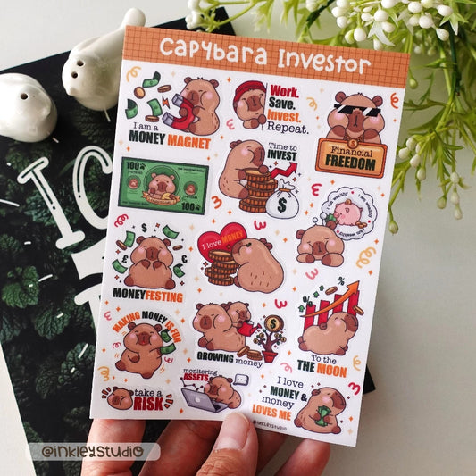 Capybara Investor Sticker Sheet Series | Waterproof  | Aesthetic Sticker | Sticker Sheet Pack | Planner Sticker