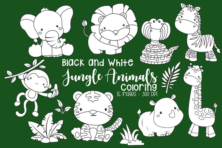 Black and White Coloring Jungle Animal Clipart