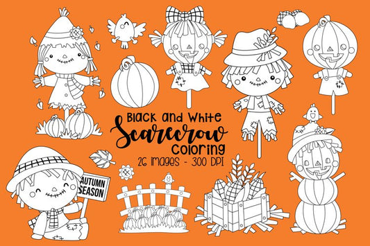 Black and White Coloring Scarecrow Clipart