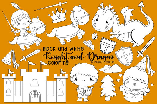 Black and White Coloring Knight and Dragon Clipart