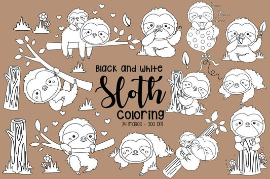 Black and White Coloring Cute Sloth Clipart