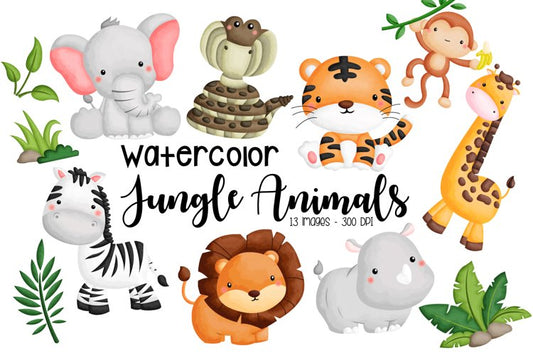 Watercolor Jungle Animal Clipart - Cute Animal