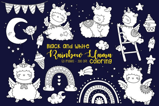 Black and White Coloring Rainbow And Llama Clipart