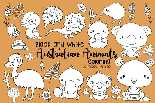 Black and White Coloring Australian Animals