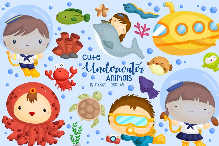 Underwater Life Clipart - Cute Kids Diving Clip Art