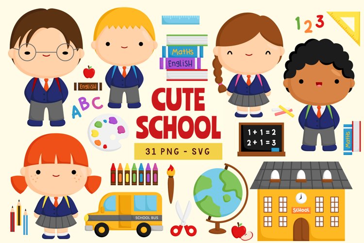 Doodle Cute School Kids and Items Clipart