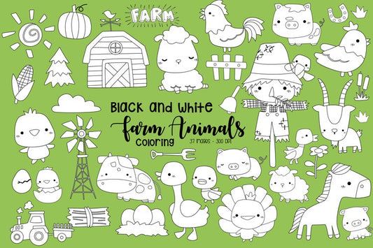 Black and White Coloring Farm Animal Clipart