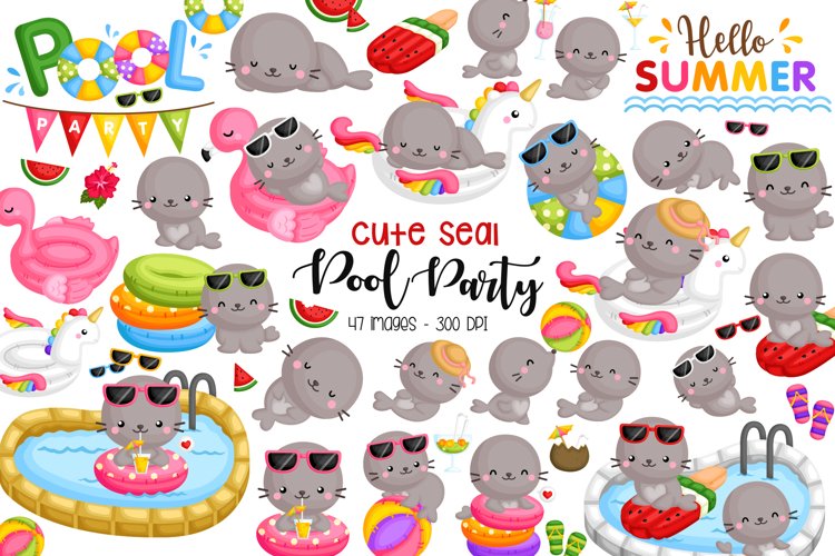 Seal Pool Party Clipart - Cute Animal Clip Art