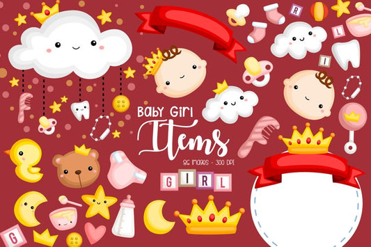 Cute Baby Girl Clipart - Baby Girl and Items
