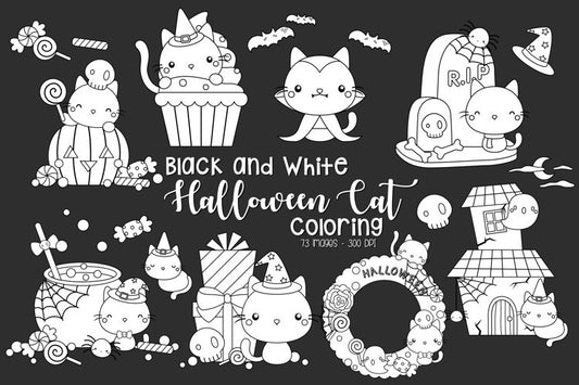 Black and White Coloring Halloween Cat