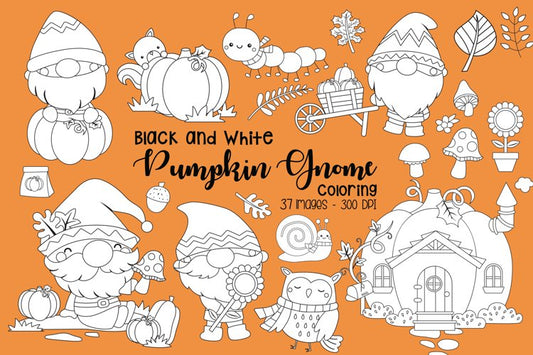 Black and White Pumpkin Gnome Clipart