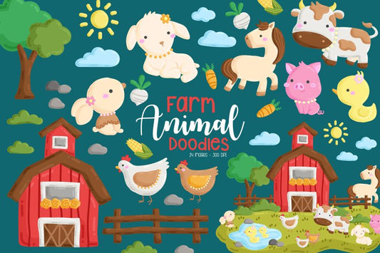Farm Animal Doodle Clipart - Cute Animal Clipart