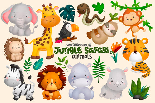 Watercolour Jungle Animal Clipart - Cute Animal Safari