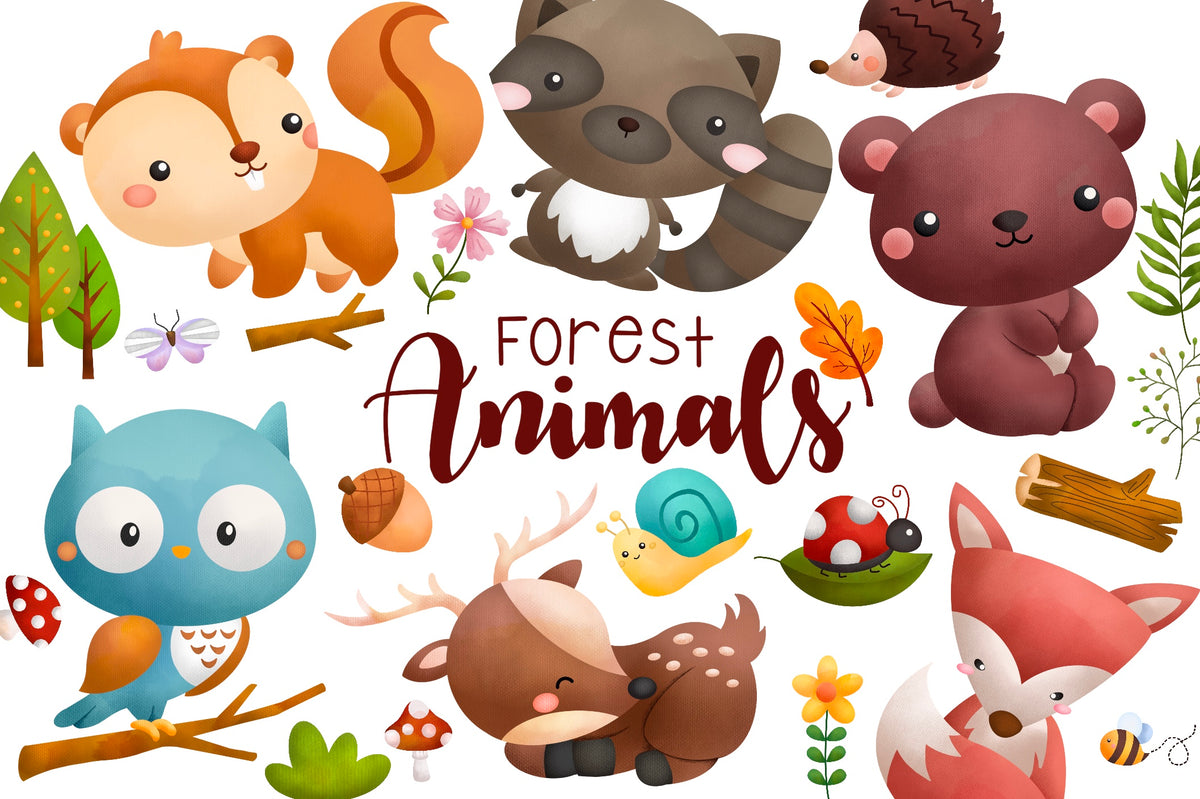 Watercolor Woodland Animals Clipart Cute Forest Animals Inkleystudio watercolor-woodland-animals-clipart-cute-forest-animals-inkleystudio