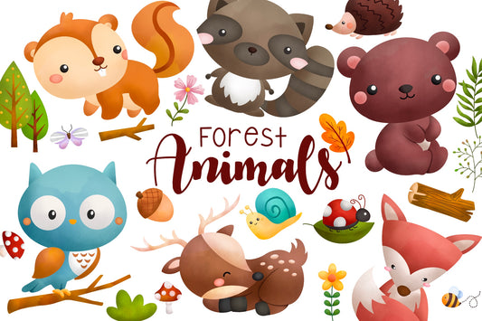 Watercolor Woodland Animals Clipart - Cute Forest Animals