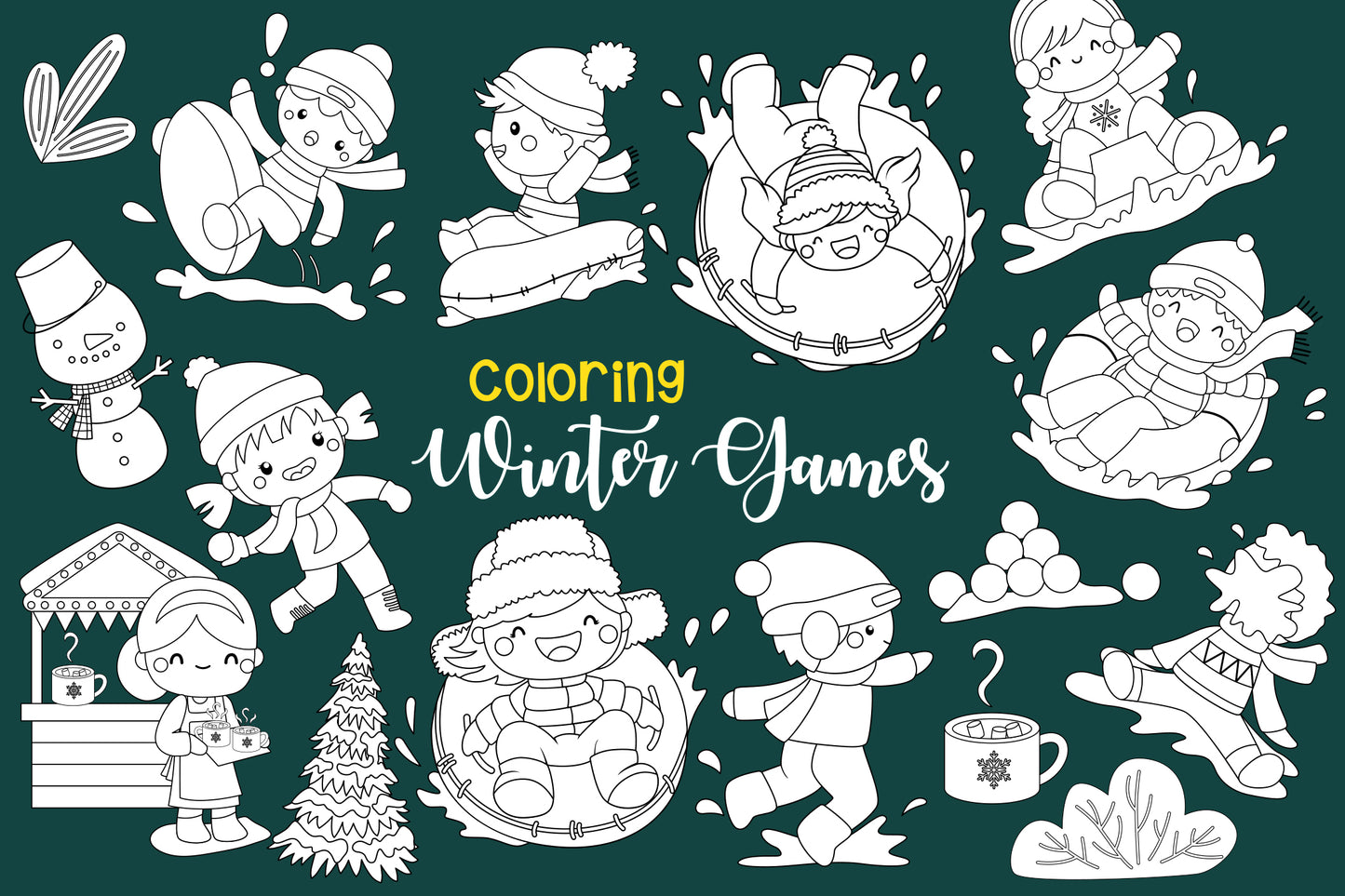 Cute Winter Games Clipart - Kids in Winter Clip Art Coloring