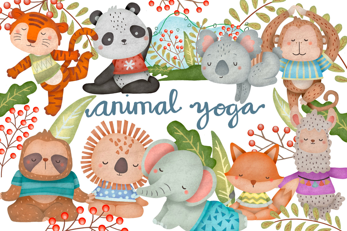 Watercolor Animal Yoga Clipart - Cute Animal Clip Art