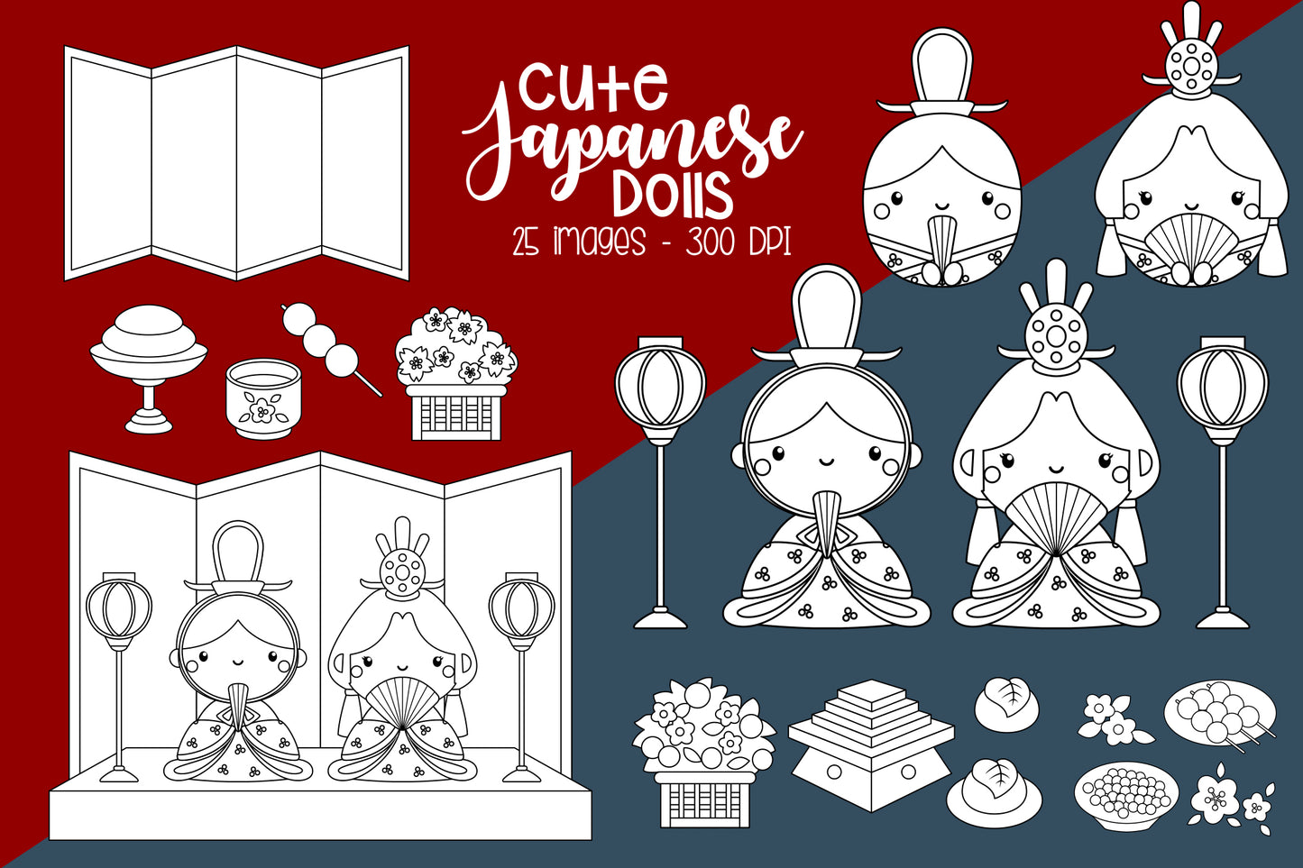 Japan Dolls Clipart - Culture Black and White Coloring