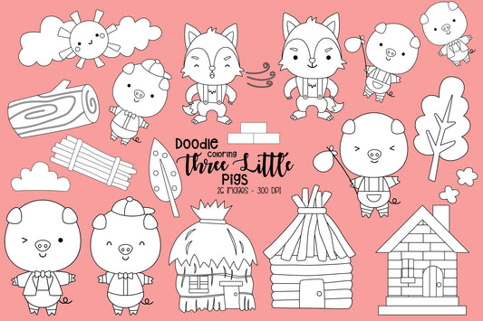Doodle Three Little Pigs Clipart - Storytime Coloring