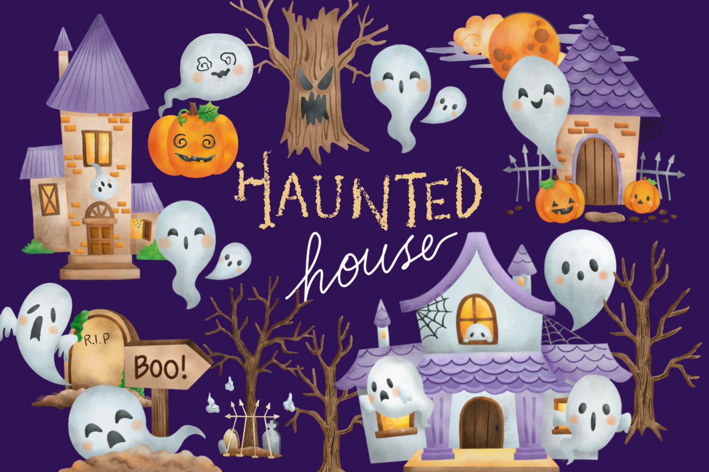 Watercolor Haunted House Clipart - Cute Halloween Clip Art