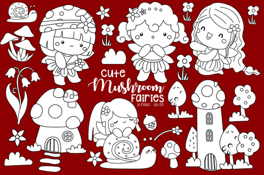 Mushroom Fairy Clipart - Cute Fairies Mushroom Coloring