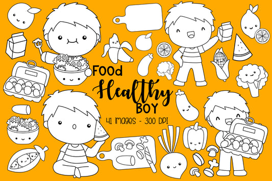 Kids Eating Healthy Food Clipart - Boy Fresh Food Coloring