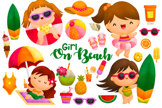 Watercolor Girl on Beach Clipart