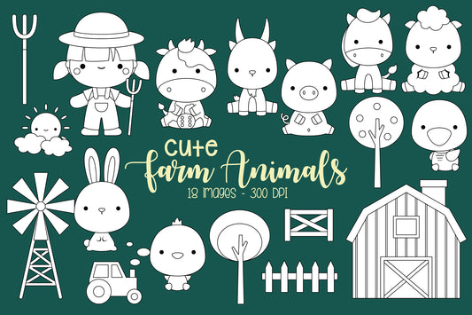 Doodle Cute Farm Animals Clipart - Cute Animal Coloring