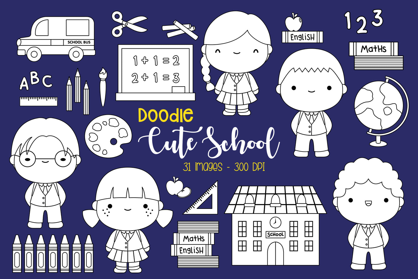 Doodle Cute School Kids and Items Coloring