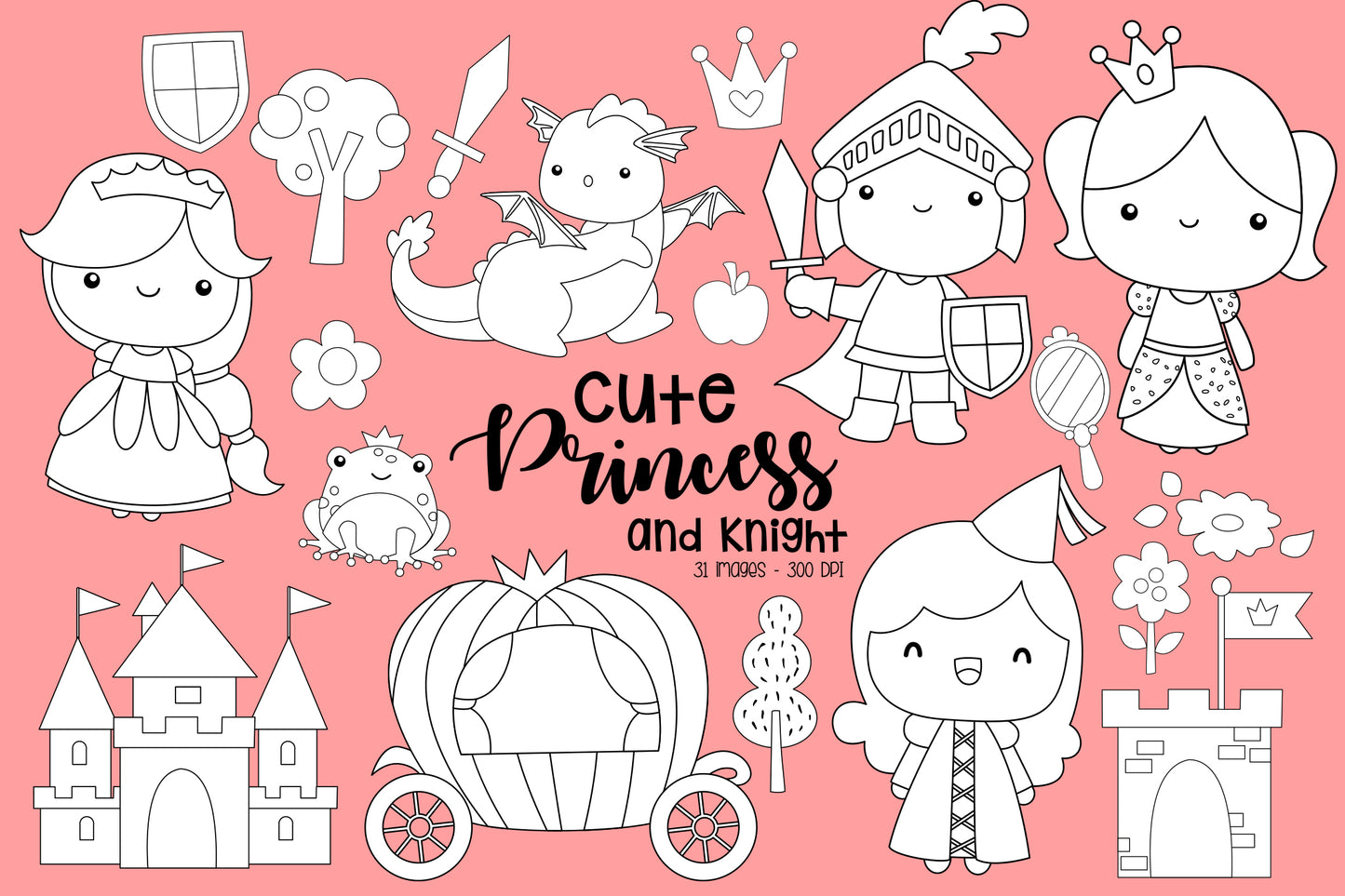 Princess and Knight Clipart - Cute Dragon Coloring