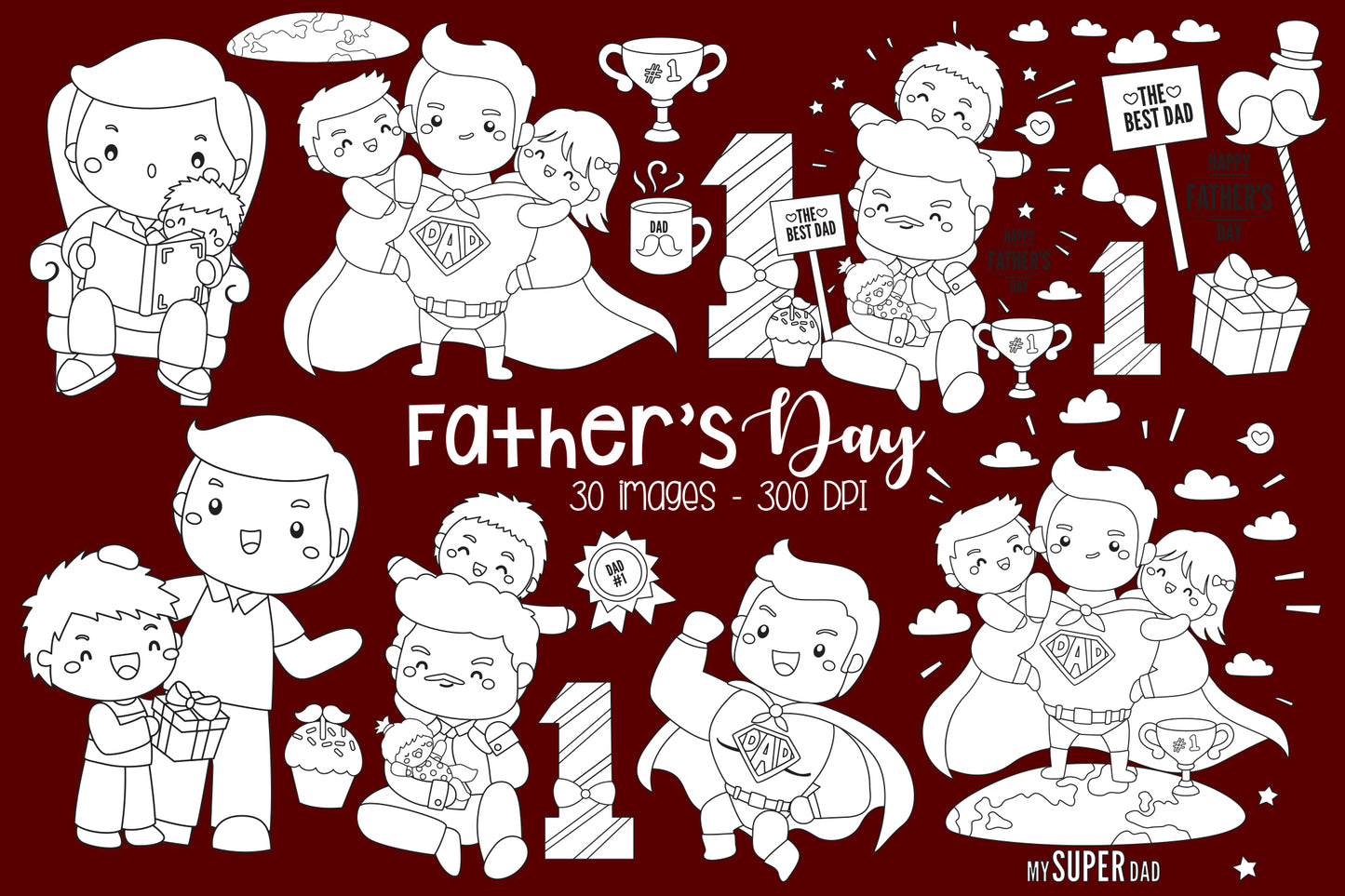 Father's Day Clipart - Cute Family Black and White Coloring