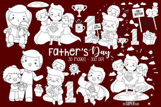Father's Day Clipart - Cute Family Black and White Coloring