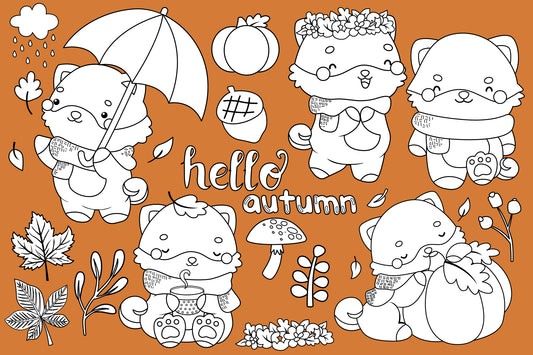 Cute Dog in Autumn Black and White Coloring Clipart