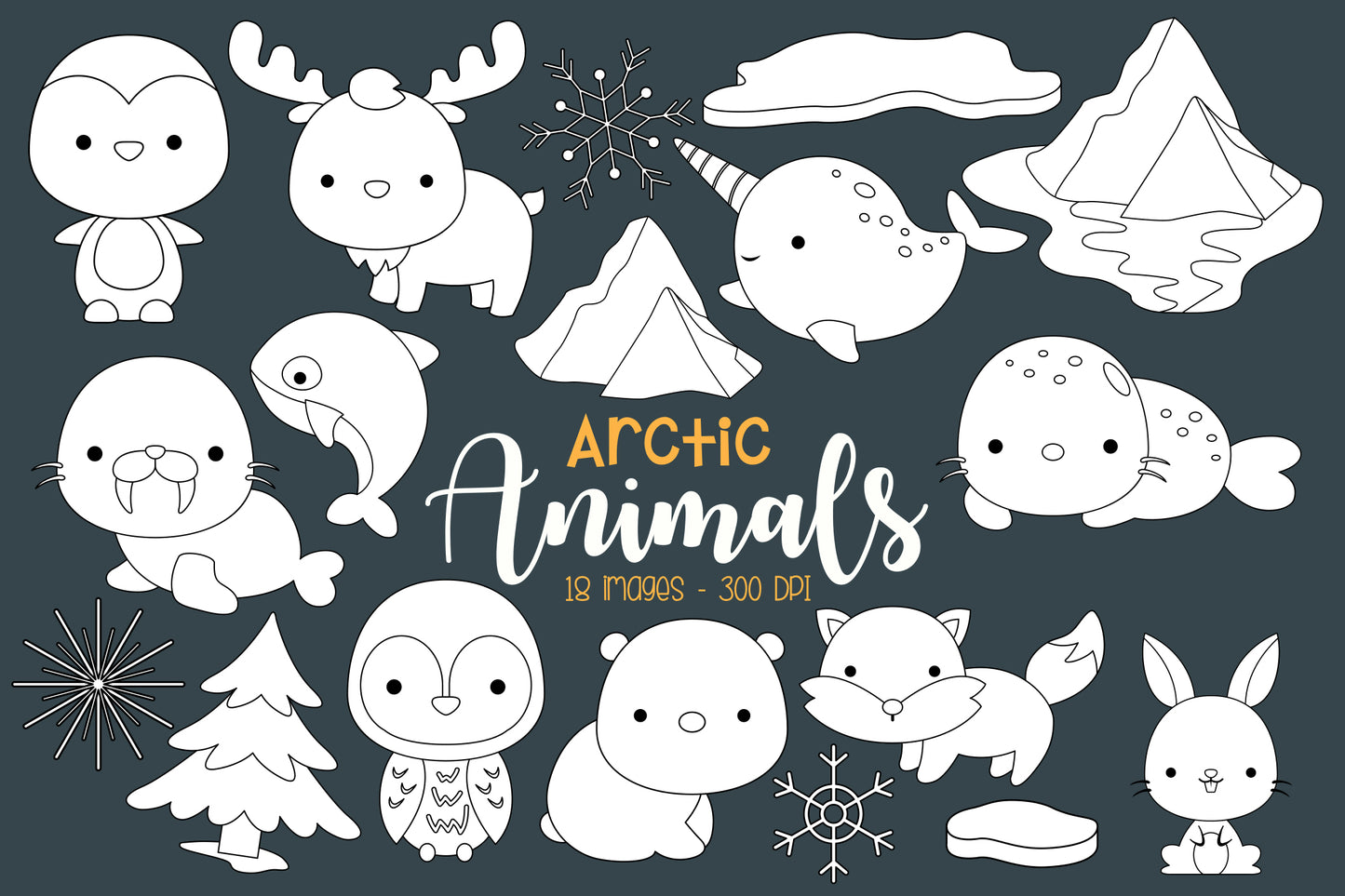 Doodle Arctic Animals Clipart - Cute Animals Coloring